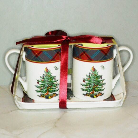 Spode Christmas Tree New In Package 2 Mugs With Tray Never Used Ready To Gift - Picture 2 of 7